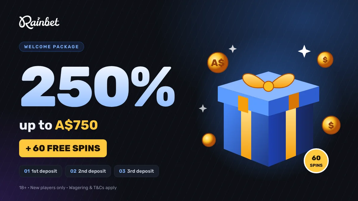 Rainbet Australia welcome bonus: 250% up to A$750 + 60 free spins