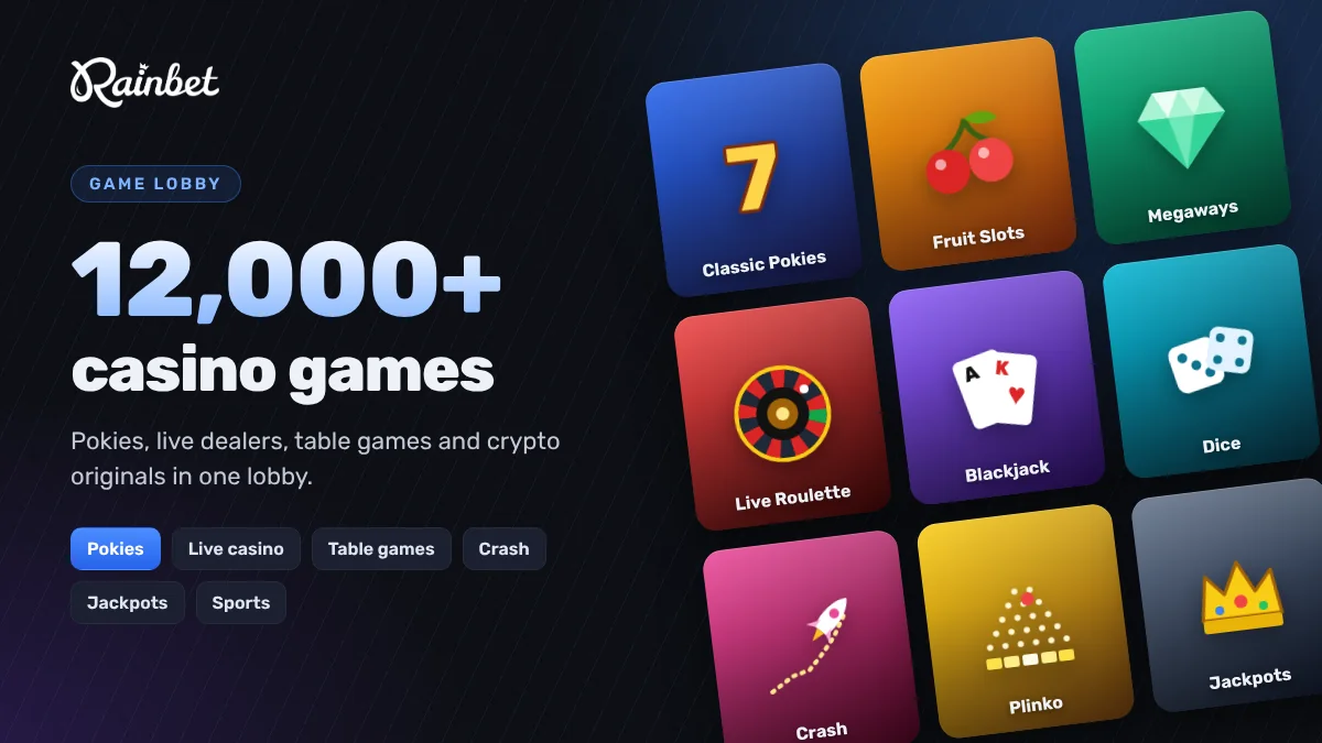 Rainbet Australia game lobby — over 12,000 games: pokies, live roulette, blackjack, crash and Plinko